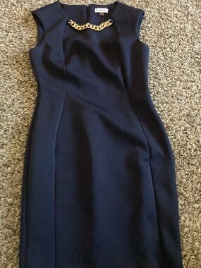Calvin Klein Navy Midi Sheath Dress with Gold Chain Accent